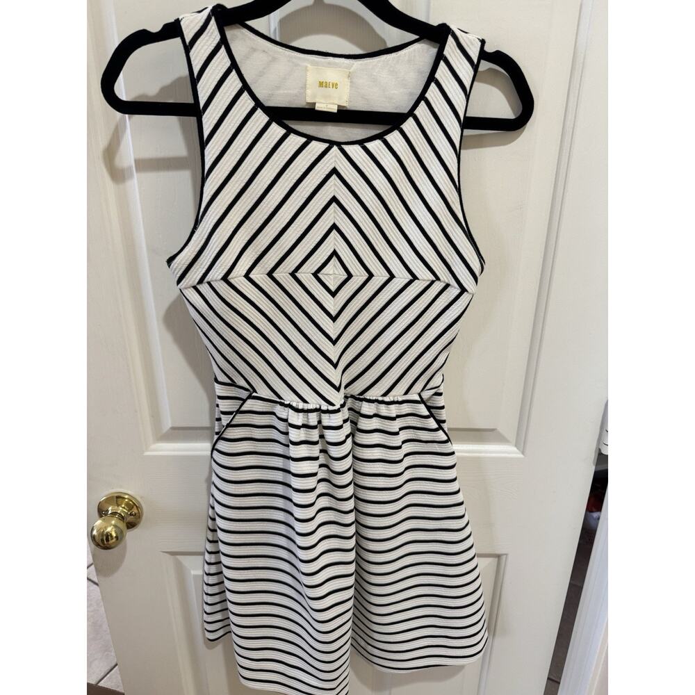 Anthropologie Maeve Mitred Diamond Stripe Dress Pleated Pockets Size 4 Small